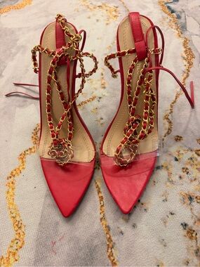Chase + Chloe Red Pointed-Toe Heeled Sandals with Gold Chain Detail